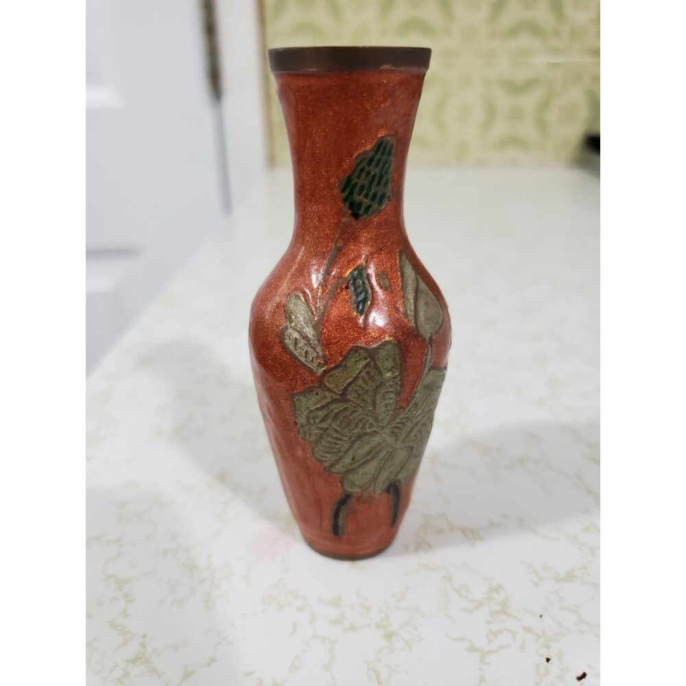 Vintage Enameled Brass Bud Vase Textured Orange Finish Floral Design 4"